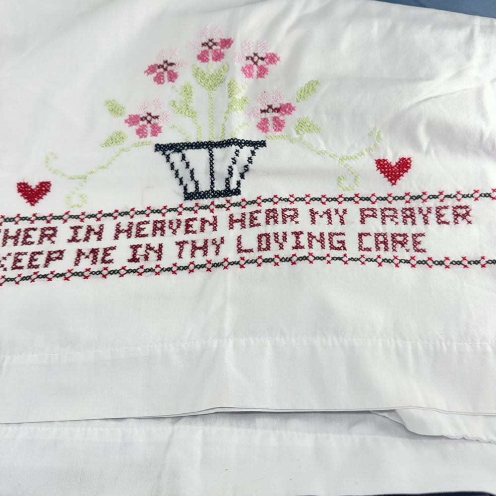 Vintage Hand Embroidered Pillowcase Cross Stitch Standard Size Cotton  Prayer